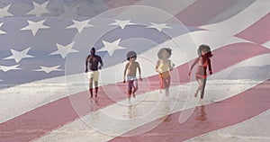 Animation of flag of united states of america over happy african american family on beach