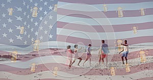 Animation of flag of usa and beer icons over happy diverse friends playing football on beach