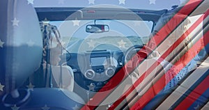Animation of flag of usa over happy diverse women in car by beach in summer