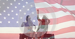 Animation of flag of usa over happy diverse women on car by beach in summer