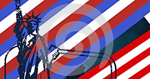 Animation of flag of usa over statue of liberty on black background