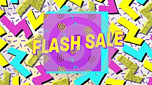 Animation of flash sale text over retro vibrant pattern background