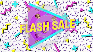 Animation of flash sale text over retro vibrant pattern background