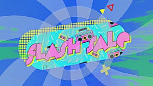 Animation of flash sale text over retro vibrant pattern background