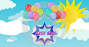 Animation of flash sale text in purple over retro speech bubble with balloons over sun on sky