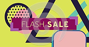 Animation of flash sale text on red banner and retro multi coloured shapes on yellow background