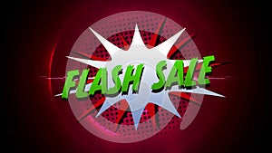 Animation of flash sale text in retro speech bubble over red glowing circles