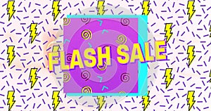 Animation of flash sale text in yellow letters over brightly coloured thunder flash retro pattern