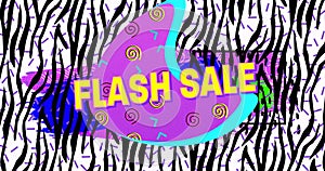 Animation of flash sale text in yellow letters over brightly coloured zebra retro pattern