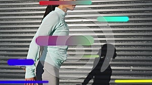 Animation of floating colourful shapes over woman exercising outside