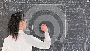 Animation of floating mathematical equations over female teacher writing on blackboard