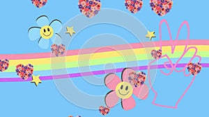 Animation of floral hearts floating over rainbow, peace hand sign and smiley face flowers, on blue