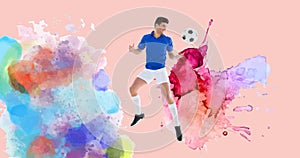 Animation of football player with ball over colourful splodges