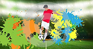 Animation of football player with ball over colourful splodges