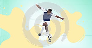 Animation of football player with ball over yellow splodges on green background