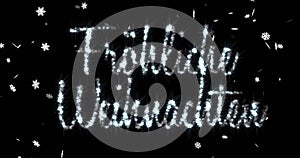 Animation of frohliche weihnachten text over snow falling on black background