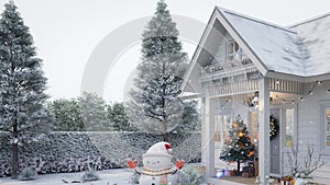 Animation of front of tiny house entrance porch in winter with Christmas and New Year concept 3d render