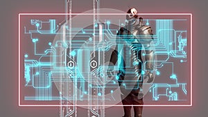 animation - Futuristic cyber soldier with digital interface background
