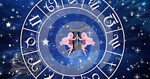 Animation of gemini star sign in zodiac wheel on starry night sky