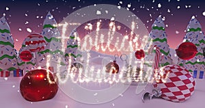 Animation of German Christmas Message written in shiny letter on snowy landscape with Christmas bal