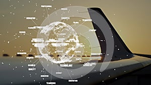 Animation of global network of connections with aeroplane in background