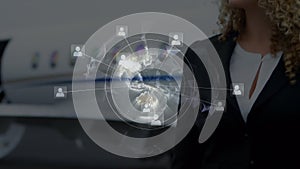 Animation of global network of connections with woman in background