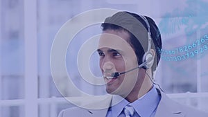 Animation of globe over businessman phone headset