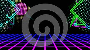 Animation of in glowing mesh abstract shapes ver blue and pink neon glowing grid