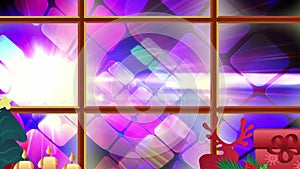 Animation of glowing purple mosaic seen through window with christmas decoration