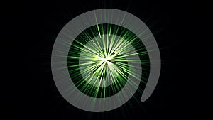 Animation of glowing tunnel with fast flying green light streaks on a black background. Abstract motion background.