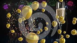 Animation of gold balloons, champagne and fireworks on black background