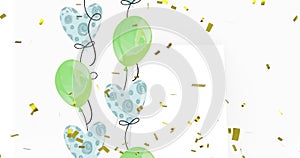 Animation of gold confetti falling with green and blue party balloons over white rectangle on grey