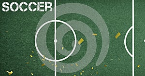 Animation of gold confetti falling over green sports pitch with the word soccer