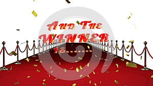 Animation of gold confetti over text, and the winner is, over red carpet venue, on white