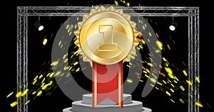 Animation of gold medal with 1 text, confetti and podium in black frame on black background