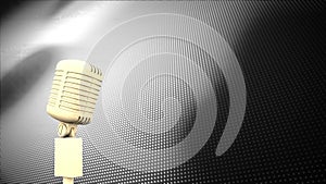 Animation of gold vintage microphone over rows of grey dots in background