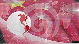 Animation of graphical globe with map, grid pattern, trading board and china flag over businessman