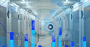 Animation of graphs and circular scanners processing data over server room