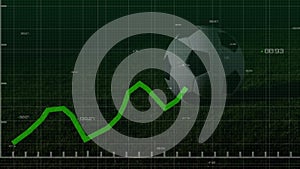 Animation of graphs and data over ball and legs of african american soccer player at stadium