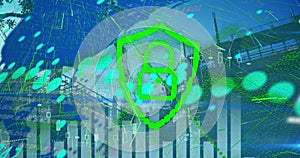 Animation of graphs and digital padlock with green lines over construction site