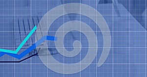 Animation of graphs over grid pattern against keyboard and computer on desk in office