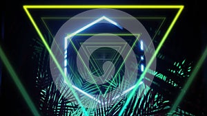 Animation of green neon triangles and white neon hexagon over palm leaves on black background