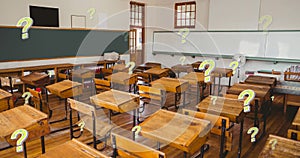 Animation of green question marks over chairs and desks in empty school classroom