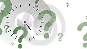 Animation of green question marks over clock moving fast on white background