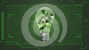 Animation of green scanner scope over growing plant powering light bulb, on green background