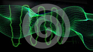 Animation of green wavebands moving over 3d green mesh structure floating on black background