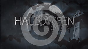 Animation of halloween party text over bats flyin, graveyard and castle