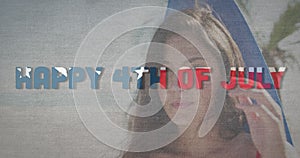 Animation of happy 4th of july text with american flag pattern over woman with surfboard on beach