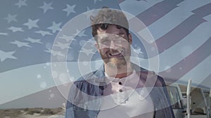 Animation of happy caucasian man over flag of usa
