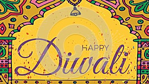 Animation of happy diwali over colorful confetti and decorative frame on yellow background